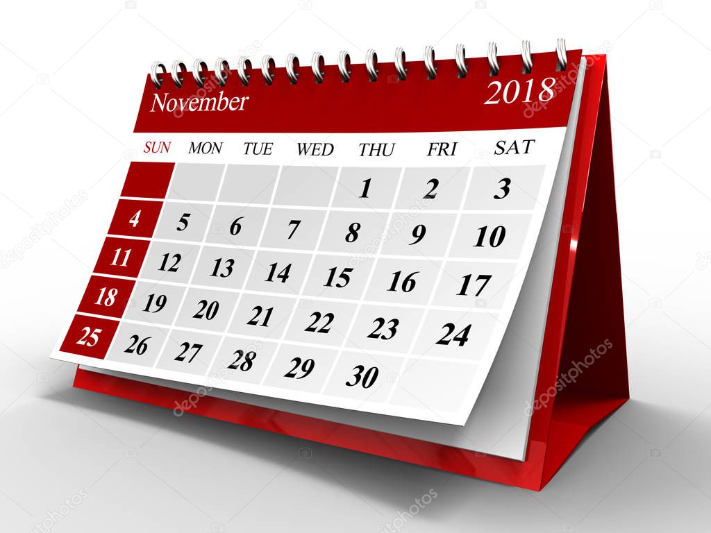 3d illustration of flip page calendar over white back, 2018 november