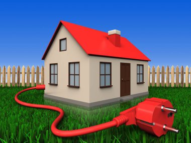 ev çim ve çit arka plan üzerinde güç kablosu ile 3D çizimi