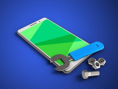 anahtar ile mavi arka plan üzerinde beyaz telefon 3D çizimi