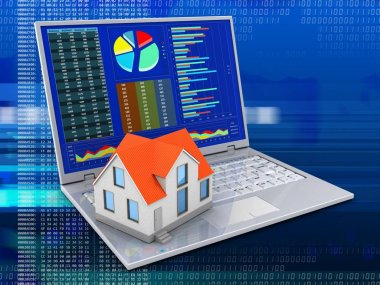 laptop ile diyagramları perde ve ev dijital arka plan üzerinde 3D çizimi