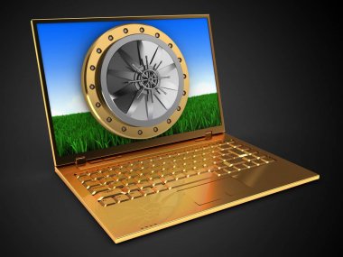 3D altın bilgisayar çayır ekran ve kasa kapısı ile siyah arka plan üzerinde gösterimi