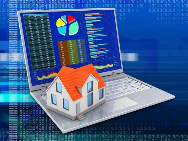 3d illustration of laptop over digital background with diagrams screen and house