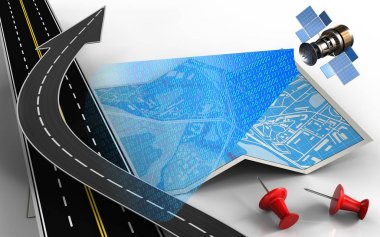 şehir haritası yol ok ve kırmızı iğneler ile 3D çizimi