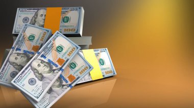 dolar yığını üzerinden para banknot ile sarı arka plan 3D çizimi
