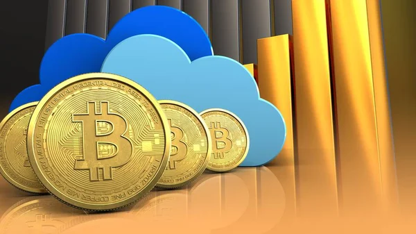 3d illustration of clouds over golden charts background with bitcoins row