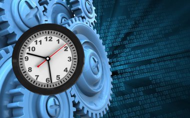 Saatin üzerine ikili arka plan mavi gears ile 3D çizimi
