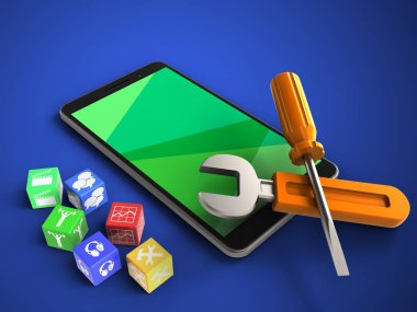 3D cep telefonu küpleri ve malzemeleri ile mavi arka plan üzerinde gösterimi