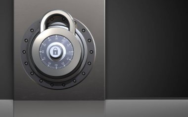 metal kutu siyah arka plan üzerinde kilit ile 3D çizimi