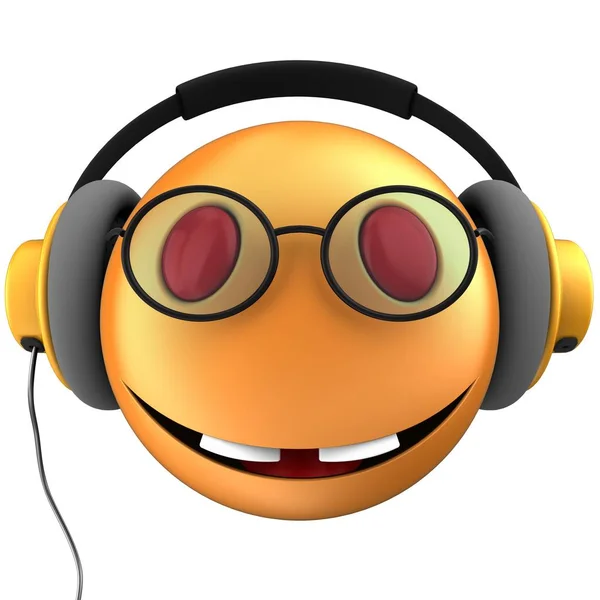 Ilustración Naranja Emoticono Sonrisa Con Auriculares Amarillos Sobre Fondo Blanco — Foto de Stock