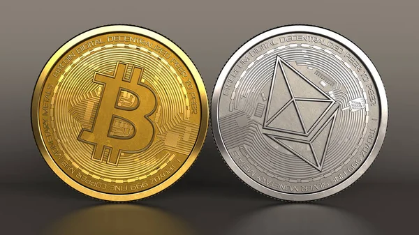 Απεικόνιση Κερμάτων Bitcoin Και Ethereum Πέρα Από Μεταλλικό Φόντο — Φωτογραφία Αρχείου