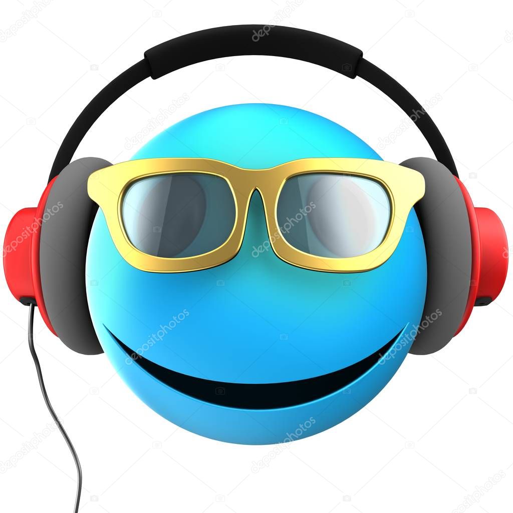 3d illustration of blue emoticon smile with red headphones over white background