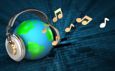 kulaklıklar üzerinde ikili dijital arka plan notları ile Earth'te 3D çizimi