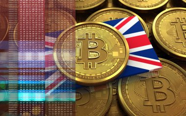 İngiltere bayrak ile arka plan bitcoin sikke üzerinde 3D çizimi yığar