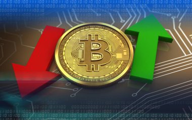 bitcoin devre yukarı ve aşağı okları ile arka plan üzerinde 3D çizimi