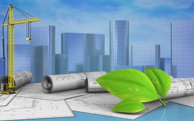 3D çizimi vinç ısıtmak arka plan üzerinde yapraklar.