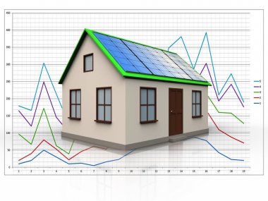 Diyagramın arka üzerinde güneş paneli ile ev 3D çizimi