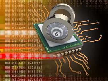 Çelik kilit ile siyah arka plan üzerinde elektronik yönetim kurulu 3D çizimi 