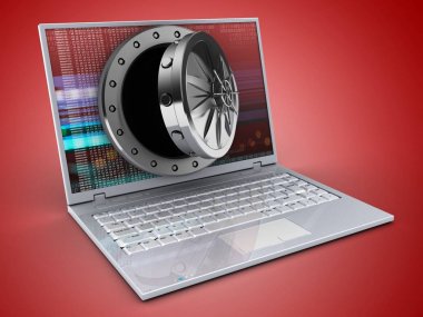  Kırmızı dijital ekran ile kırmızı arka plan üzerinde dizüstü 