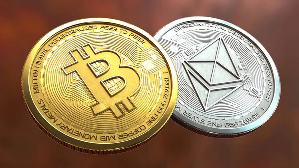 Bitcoin と ethereum のコイン、金と銀 — ストック写真