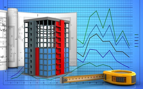 Строительство зданий с чертежами — стоковое фото