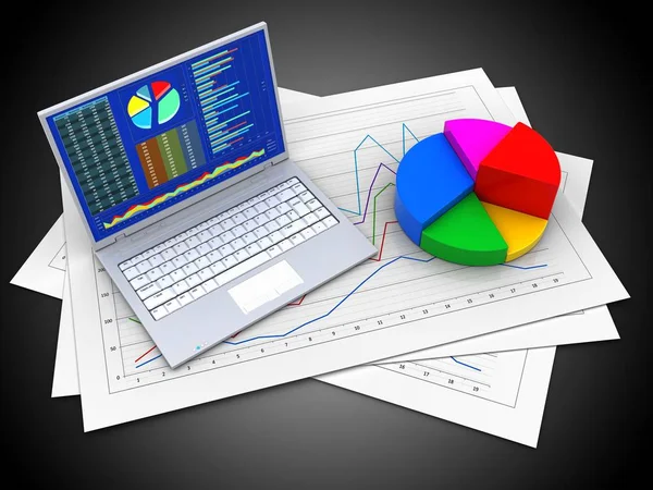 Ilustração de papéis de diagrama e pc — Fotografia de Stock