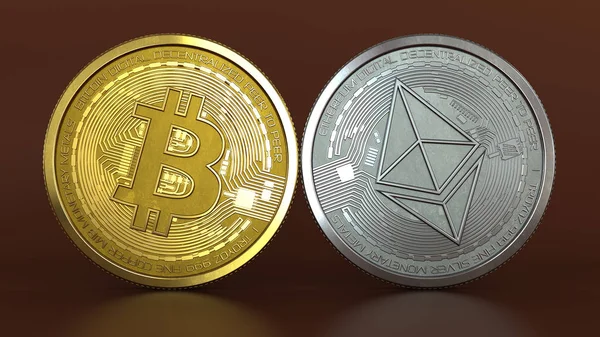 Bitcoin と Ethereum コイン — ストック写真