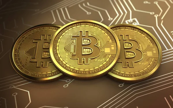 Bitcoins over circuit background with stack — Stock Photo, Image