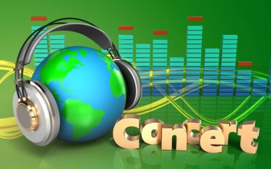 konser işareti ile yeşil arka plan üzerinde kulaklık Earth'te 3D çizimi