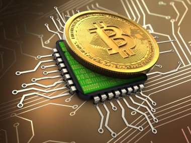 3D çizimi ile cpu, altın bitcoin yakın çekim 