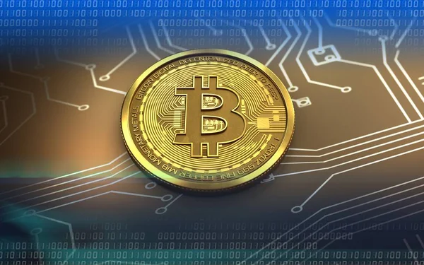 Illustration Von Bitcoin Über Schaltkreis Hintergrund Mit Blauem Binärcode — Stockfoto