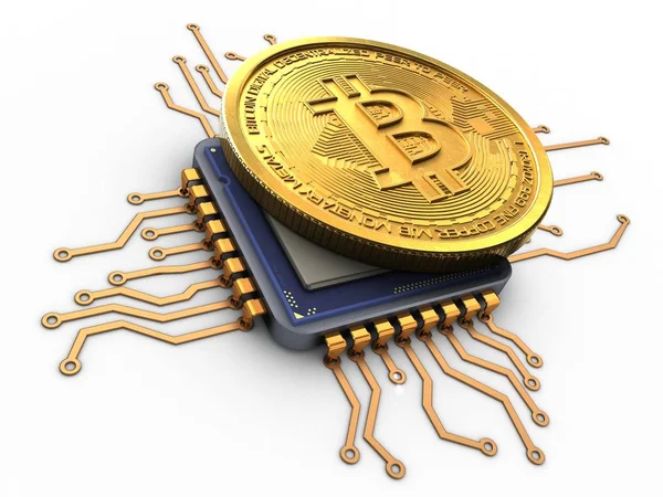 Illusztráció Arany Bitcoin Cpu Elszigetelt Fehér Background Közelkép Stock Kép