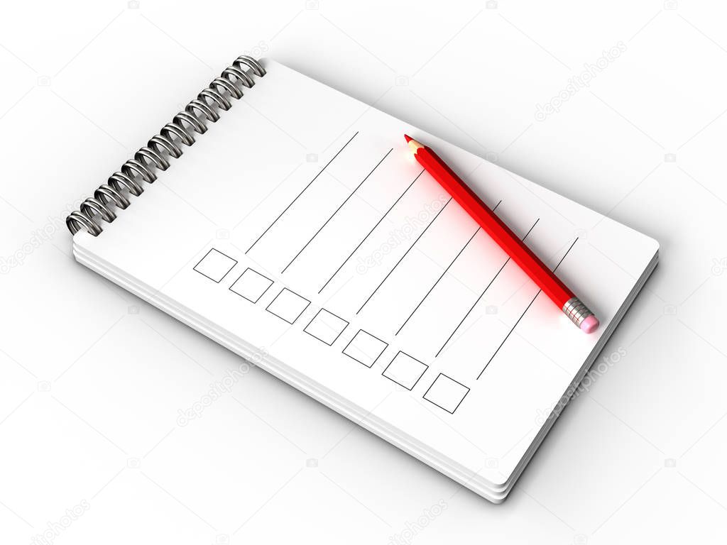 3d illustration of notepad with checklist isolated on white background, close-up 