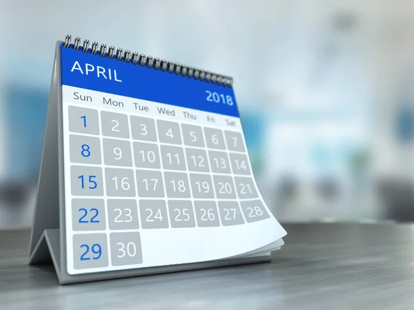 3d illustration of flip page calendar of april 2018 year isolated on white background, close-up