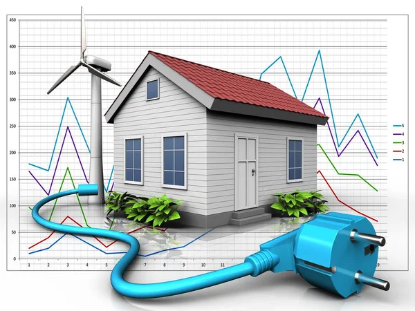 3d illustration of wind energy house with cable over diagram background