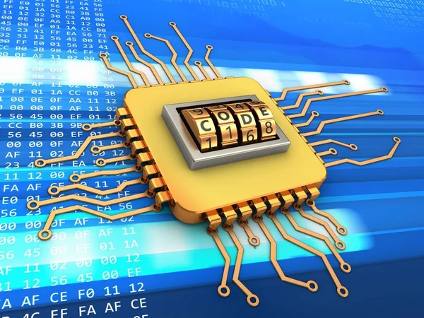 Illustratie Van Elektronische Microprocessor Met Code Slot Bellen Code Achtergrond — Stockfoto