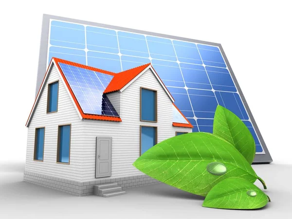 Ilustração Bateria Com Painel Solar Casa Com Folhas Isoladas Fundo — Fotografia de Stock