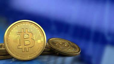 bitcoins mavi grafik arka planı üzerinde 3D çizimi