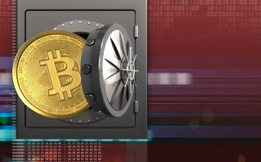 3D resimde metal bitcoin üzerinden dijital kırmızı arka plan ile güvenli