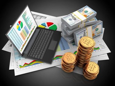 işle ilgili belgeleri ve kişisel bilgisayar siyah arka plan üzerinde para ile 3D çizimi 