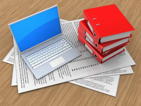 3d illustration of papers and computer with binder folders over wood background
