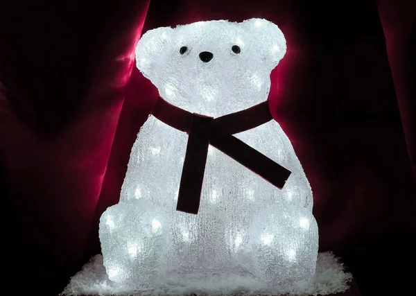 Toy Led Polar Christmas Bear Lights Red Curtain Background — Stock Photo, Image