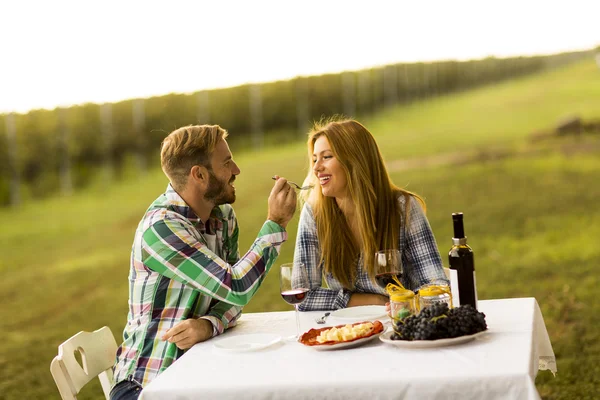 Пара ужинает в винограднике — стоковое фото