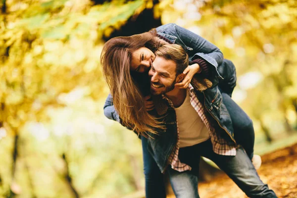 Coppia giovane nel parco autunnale — Foto Stock