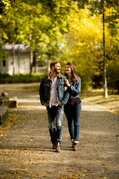 Pareja caminando en el parque de otoño — Foto de Stock