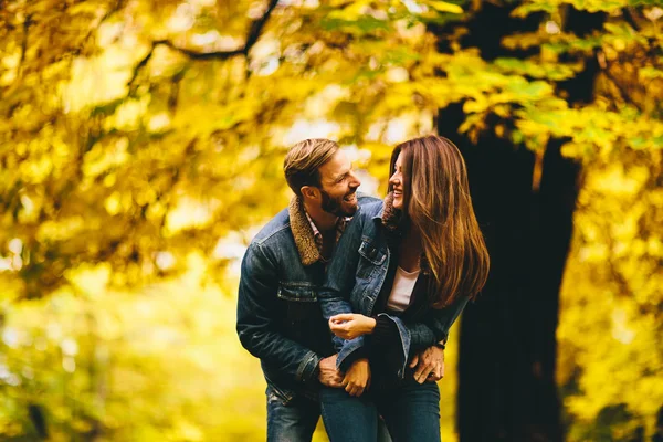 Coppia giovane nel parco autunnale — Foto Stock