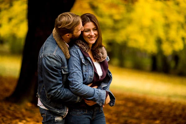 Coppia giovane nel parco autunnale — Foto Stock