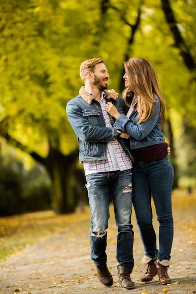 Любящая пара в осеннем парке — стоковое фото