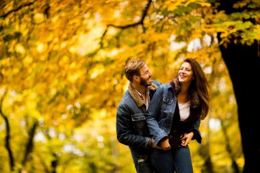 sonbahar parkta genç Çift