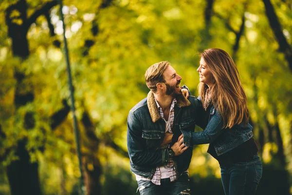 Pareja joven en el parque de otoño — Foto de Stock