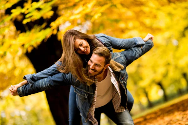 Coppia giovane nel parco autunnale — Foto Stock